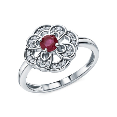 Серебряное кольцо с фианитами и рубином природным