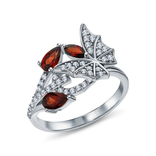 Серебряное кольцо с фианитами и гранатами природными