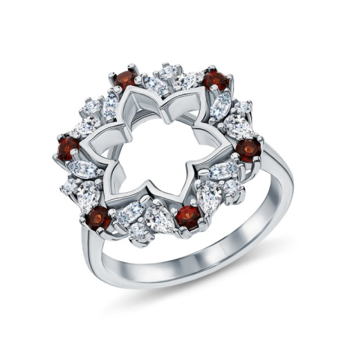 Серебряное кольцо с фианитами и гранатами природными