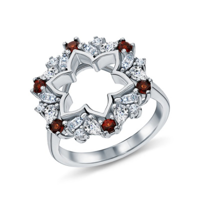 Серебряное кольцо с фианитами и гранатами природными