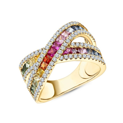 Золотое кольцо с бриллиантами природными и сапфирами природными