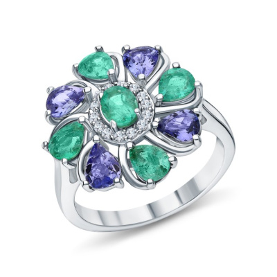 Серебряное кольцо с фианитами и изумрудами природными