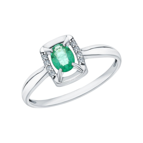 Серебряное кольцо с фианитами и изумрудами природными