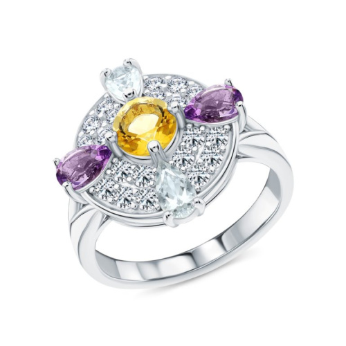 Серебряное кольцо с фианитами, цитринами природными, топазами природными и аметистами природными