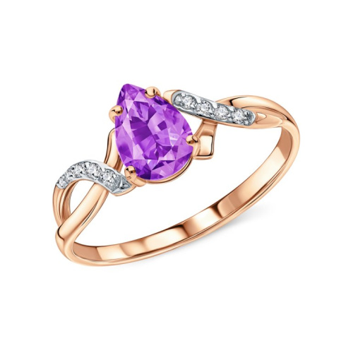 Золотое кольцо с фианитами и аметистами природными