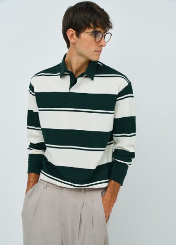 Поло в полоску с длинным рукавом, Зеленый