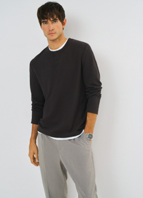 Лонгслив с воротником хенли, Коричневый