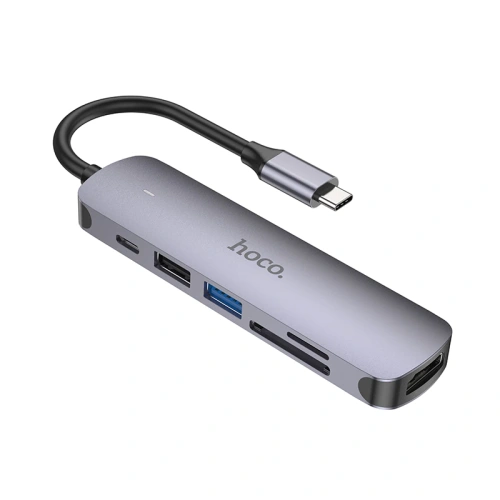 Переходник Hoco (HB28) Type-C на HDMI/USB3.0/USB2.0/USB-C/MicroSD/SD (Metal Gray)