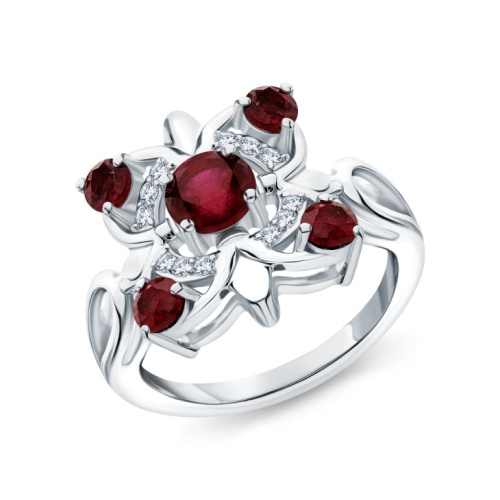 Серебряное кольцо с фианитами и рубинами природными