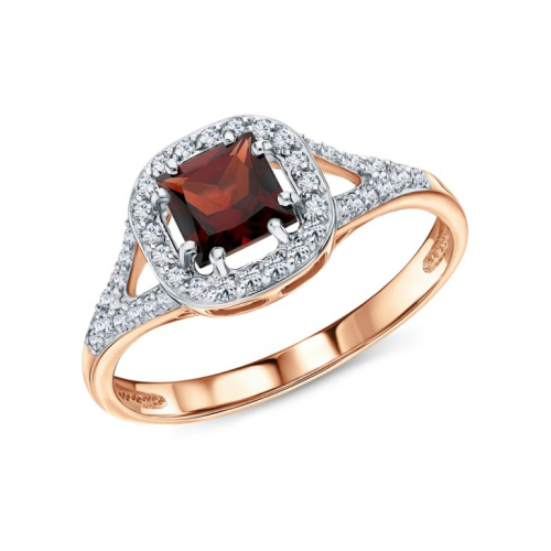 Золотое кольцо с фианитами и гранатами природными