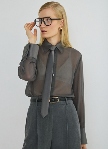 Блузка из жатого шифона с галстуком, Серый