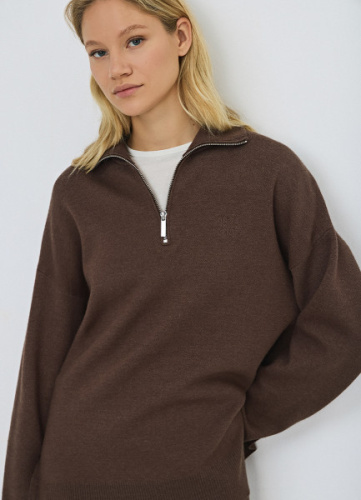 Джемпер с воротником-стойкой на молнии, Коричневый