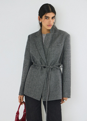 Однобортный жакет с тонким поясом, Серый