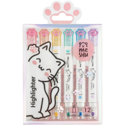 Набор текстовыделителей двусторонних MESHU "White kittens", 12 цв., пастельные цвета, 1-4мм, ПВХ бок