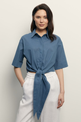 Блузка из хлопка и льна с завязками на поясе