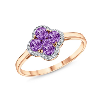 Золотое кольцо с фианитами и аметистами природными