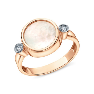 Золотое кольцо с бриллиантами природными и перламутром природным