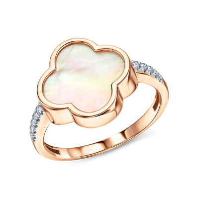 Золотое кольцо с бриллиантами природными и перламутром природным