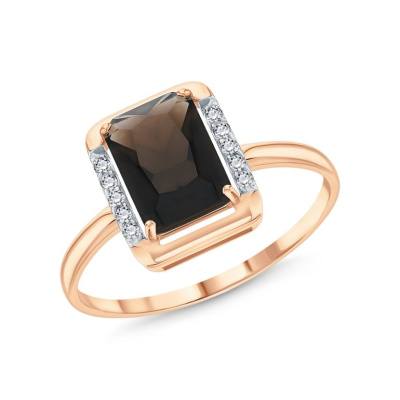 Золотое кольцо с бриллиантами природными и кварцами дымчатыми природными