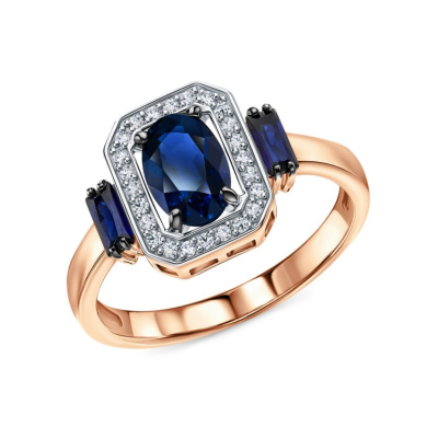 Золотое кольцо с бриллиантами природными и сапфирами имитациями