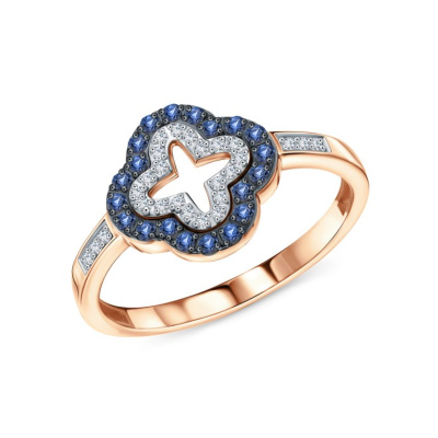 Золотое кольцо с бриллиантами природными и сапфирами природными