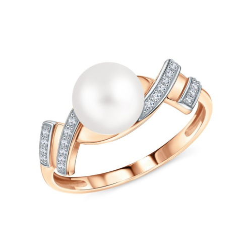 Золотое кольцо с бриллиантами природными и жемчугом