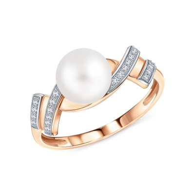 Золотое кольцо с бриллиантами природными и жемчугом