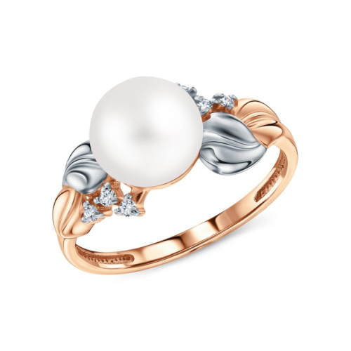 Золотое кольцо с бриллиантами природными и жемчугом