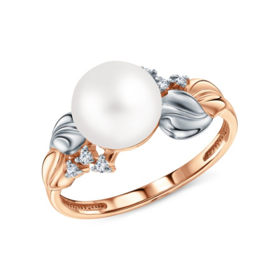 Золотое кольцо с бриллиантами природными и жемчугом