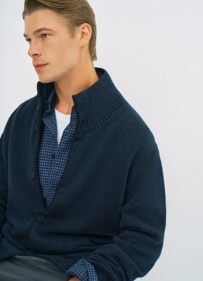 Вязаный кардиган с высоким воротником, Синий