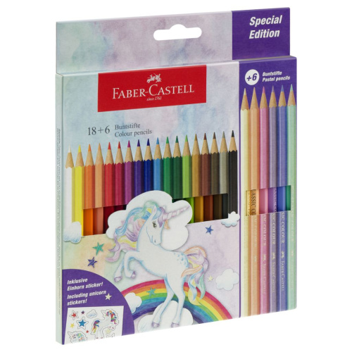 Набор карандашей цветные Faber-Castell "Unicorn" 18 цв., шестигр., заточ.+6 паст. цв., картон, европ