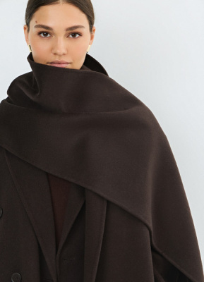 Длинное двубортное пальто с шарфом, Коричневый