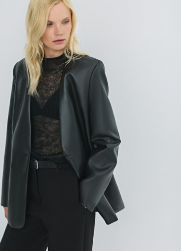 Однобортный жакет из искусственной кожи, Черный