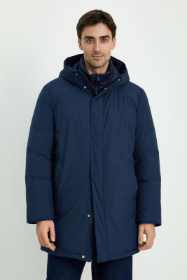 Пуховое полупальто с капюшоном и воротником-стойкой