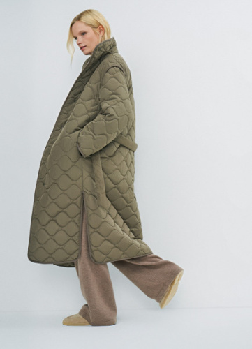 Длинное стёганое пальто с поясом, Желтый