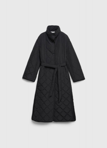 Длинное стёганое пальто с поясом, Черный