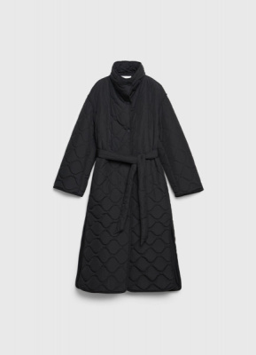Длинное стёганое пальто с поясом, Черный