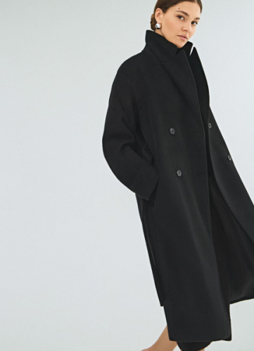 Длинное двубортное пальто с поясом, Черный