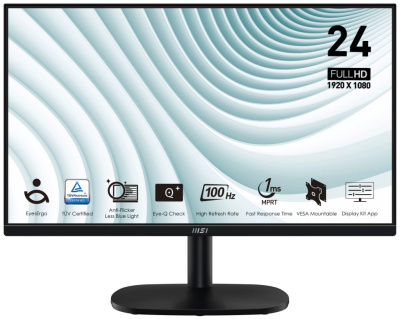 Монитор 23,8" MSI PRO MP245V 9S6-3PC0CM-014 1920x1080, 16:9 VA, 1ms (MPRT), 4000:1, 100M:1, 300nit, 178/178, HDMI, VGA, Tilt, VESA, 100Hz, black