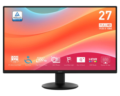 Монитор MSI PRO MP272L 27" 16:9 FHD(1920x1080), IPS Flat, 1ms(MPRT), 1300:1, 100M:1, 250nits, 178/178, HDMI 1.4b, DP 1.2a, Tilt, 100HZ, Black, 1y war-ty