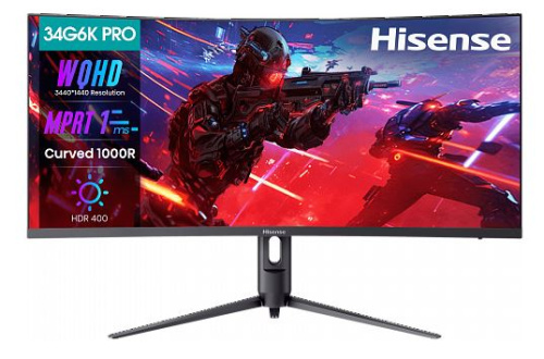 Монитор 34" Hisense 34G6K-PRO 3440x1440 LED, 21:9, VA, 400cd, 4000:1, 1ms, 178/178, DP, 2*HDMI, 180Hz, сurved R1000, Speakers, VESA 75x75, black