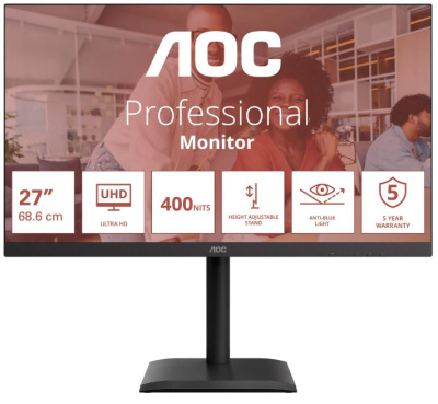 Монитор 27" AOC U27E4CV 3840x2160, 16:9, IPS, 400 cd/m, 1200:1, 4 ms, 178°/178°, 60Hz, 2*HDMI, DP, SB, USB-C, Spk, Pivot, Black