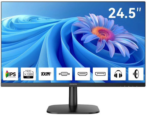 Монитор 24,5" AIWA MD2511 1920x1080, LED, 16:9, IPS, 300cd/m, 1000:1, 4ms, 178°/178°, D-Sub, HDMI, DP, 100Hz, Spk, внутр БП, black