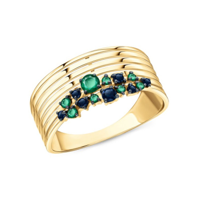 Золотое кольцо с изумрудами природными и сапфирами природными