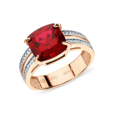 Золотое кольцо с бриллиантами выращенными и рубином выращенным