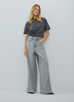 Футболка с леопардовым принтом и эффектом стирки, Серый