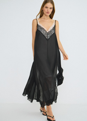 Шифоновое платье А-силуэта с кружевом, Черный