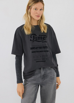 Футболка оверсайз с флок-принтом, Серый