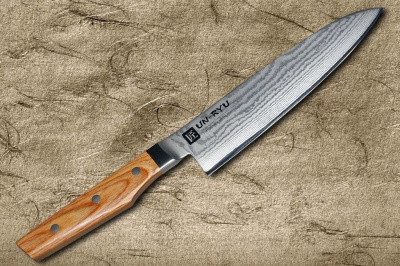 Нож кухонный Гюито Shimomura 210 мм, сталь VG-10 33 слоя, рукоять pakka wood