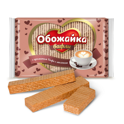 Вафли Обожайка кофе с молоком, Пензенская кондитерская фабрика, 225 гр.